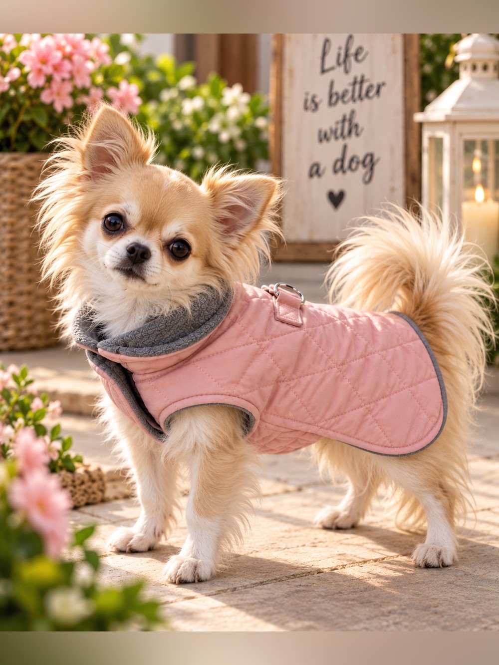 Pink Quilted Dog Coat Harness Fleece Lined Reflective Trim | Size XS